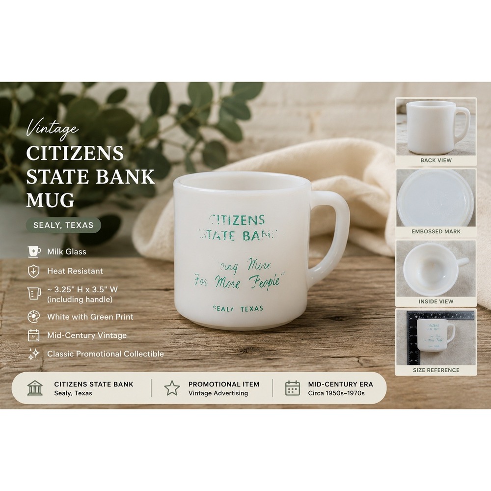Vintage Federal Glass Milk Glass Mug Citizens State Bank Sealy Texas Advertising